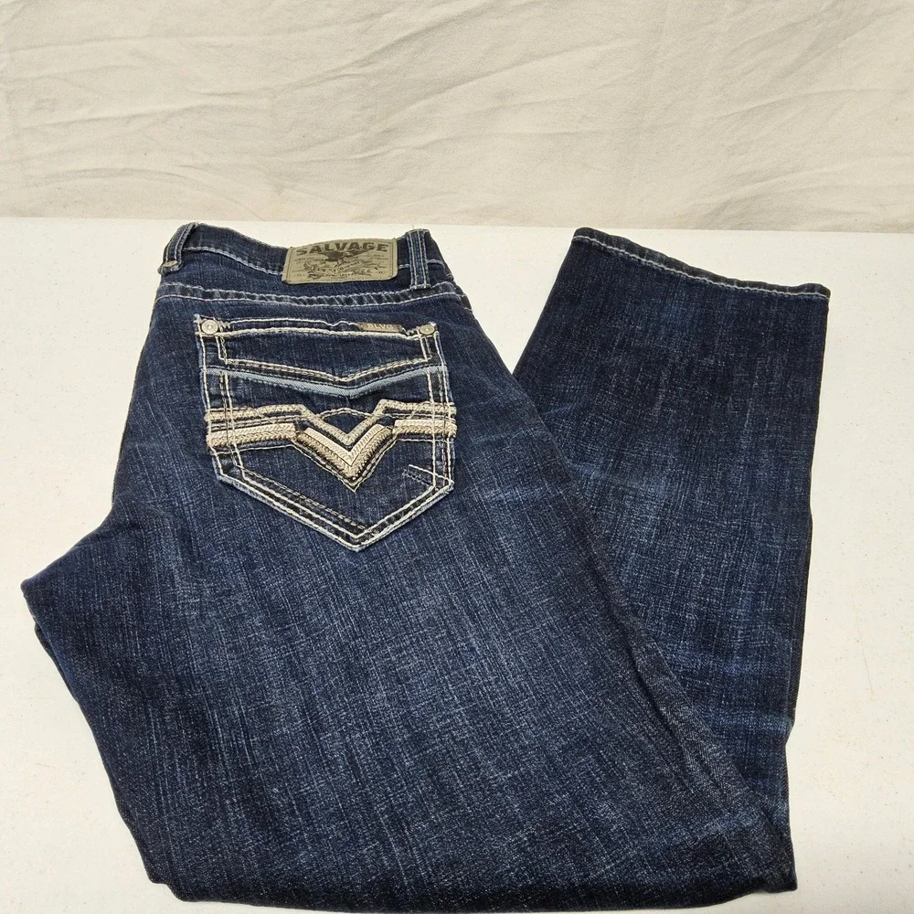 Salvage Mayhem Straight Jeans Mens 33x30 Dark Wash Embroidered Buckle Exclusive